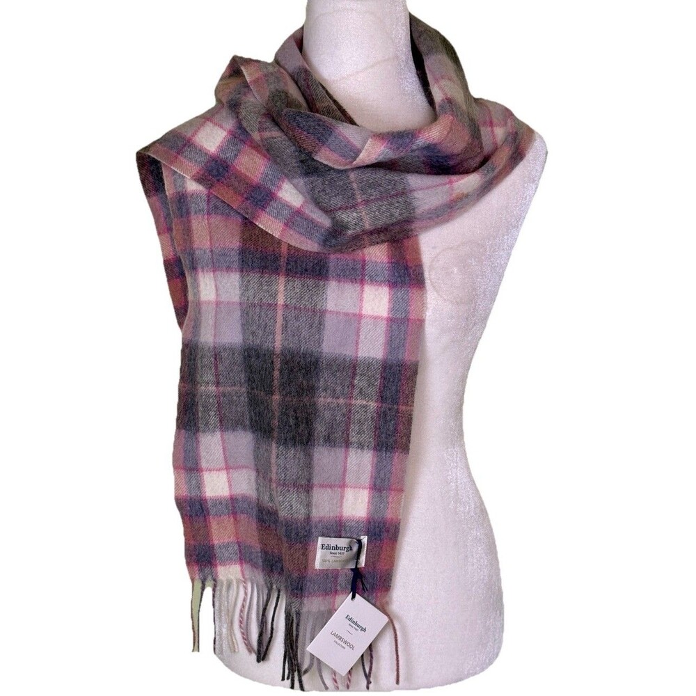 NEW Edinburgh 100% Lambswool Pink/Gray Plaid Fringed Scarf‎ Quiet Luxury 64”x10”